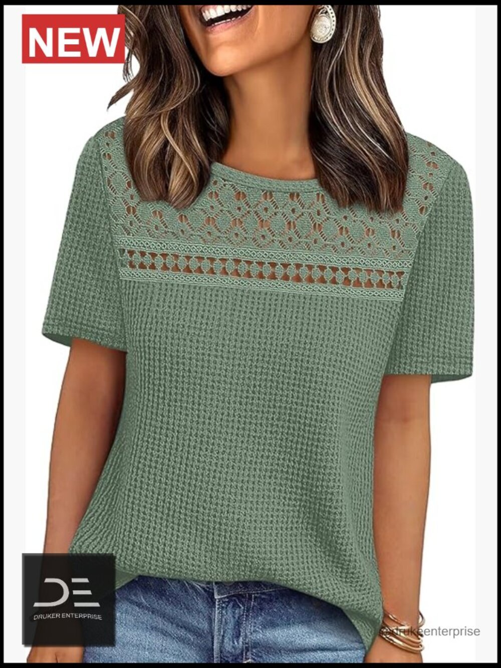 Boho Crochet Lace Waffle Knit Short Sleeve Top Loose Fit Plus Size